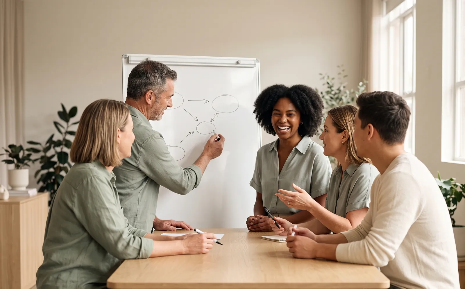 A small team planning around a whiteboard at a timber table
