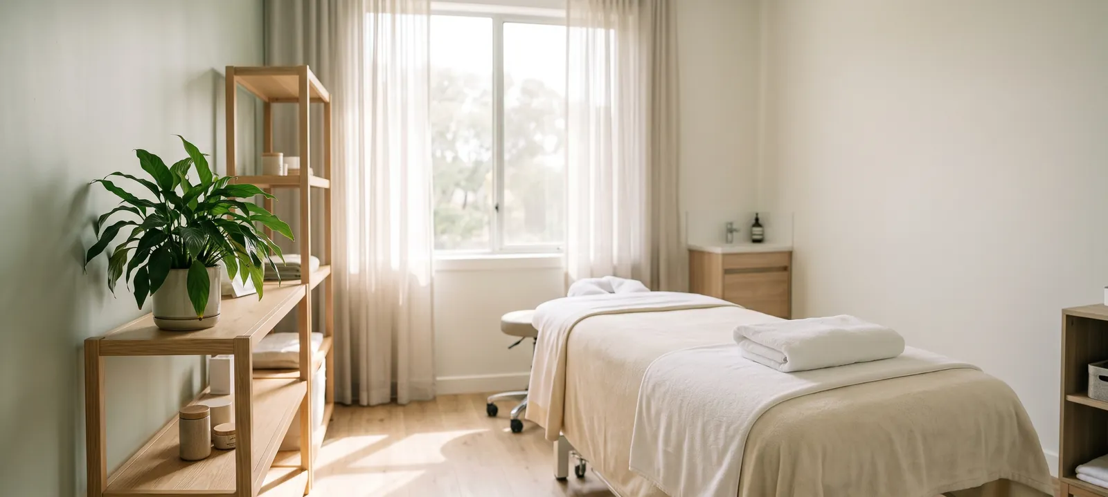 A light-filled treatment room with a massage table and a plant