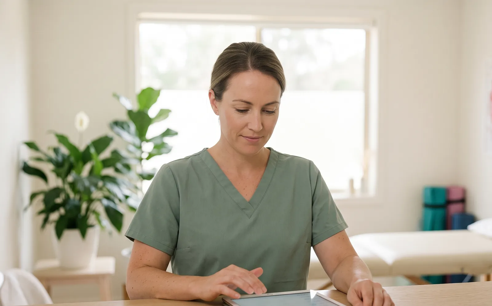 A practitioner in green scrubs using a tablet at a clinic desk