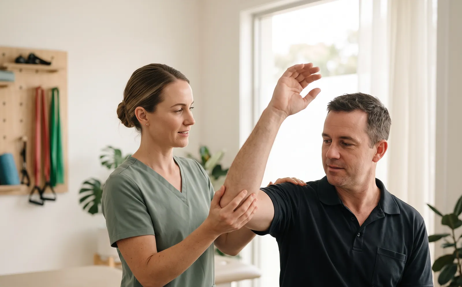 A physiotherapist guiding a worker through a shoulder movement in a treatment room