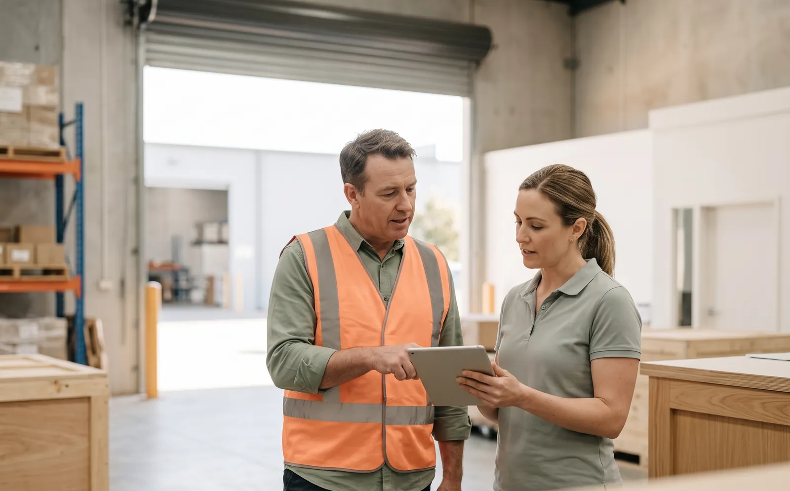 A safety lead in a hi-vis vest reviewing an inspection on a tablet with a health practitioner in a warehouse