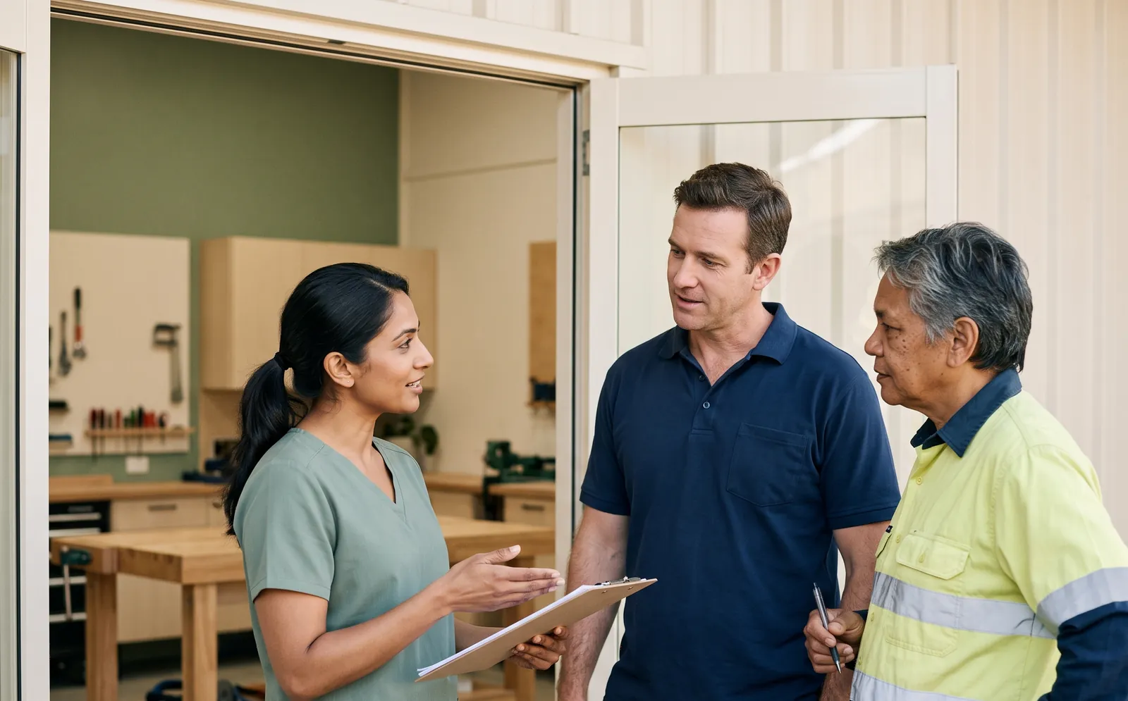 A clinician, a supervisor and a worker in hi-vis talking over a clipboard in a workshop