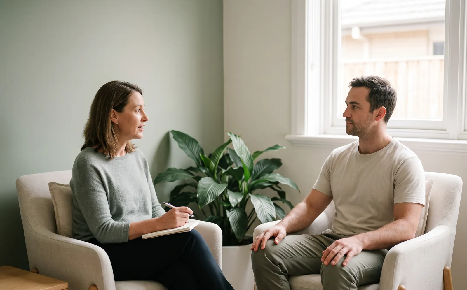 A practitioner and a client talking in armchairs in a calm consultation room