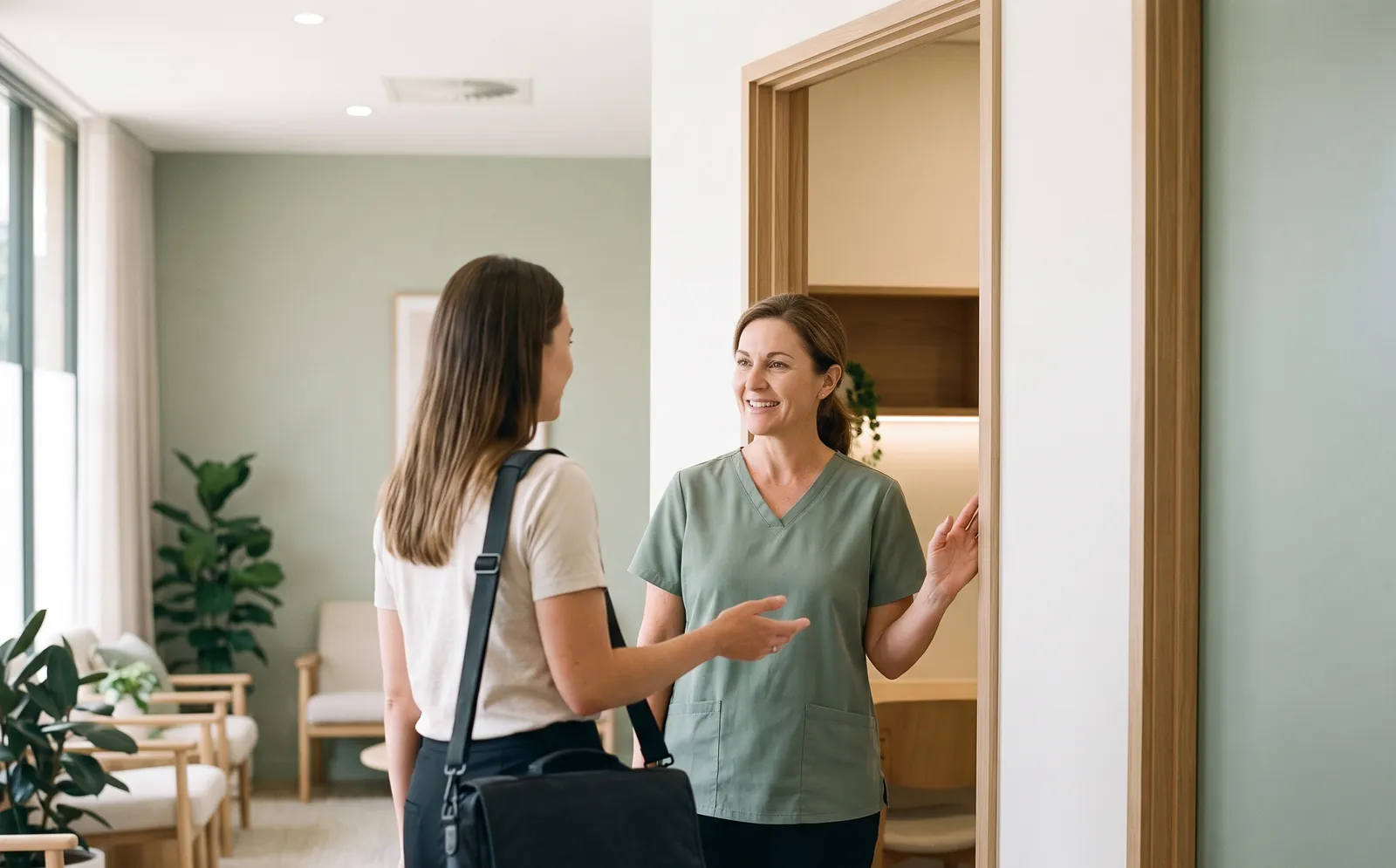 A clinician welcoming a new employee at a clinic doorway
