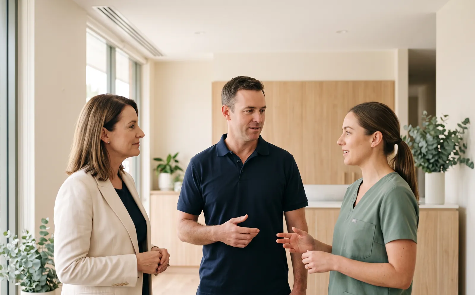 Three colleagues, including a clinician in scrubs, talking in a bright clinic reception