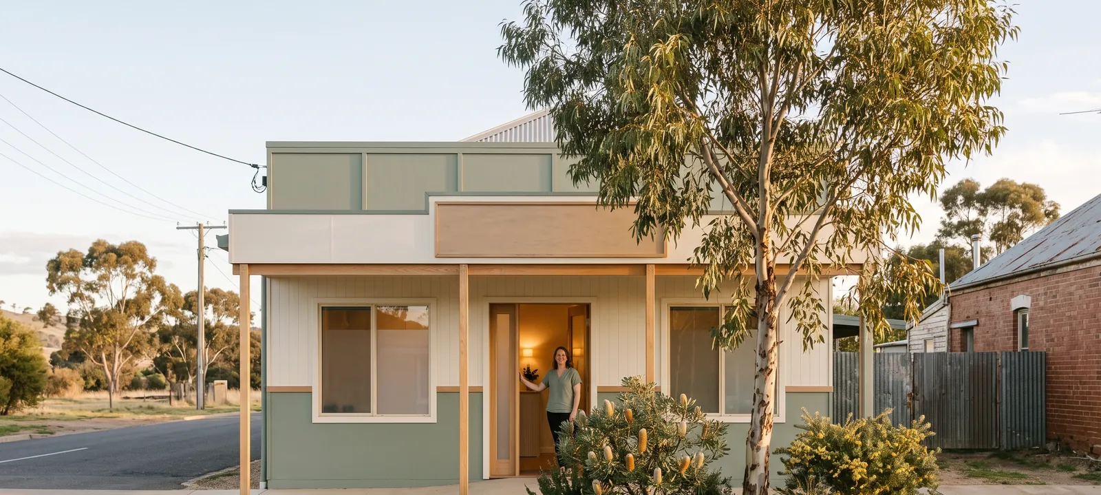 A regional Australian clinic in a weatherboard building with a practitioner standing in the doorway