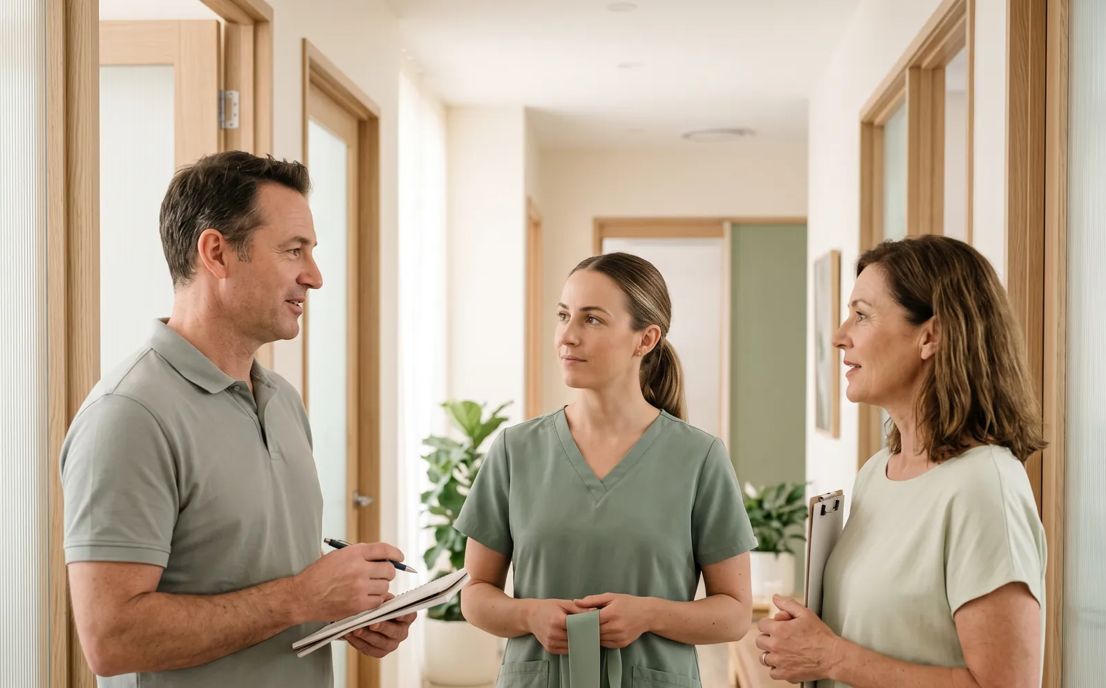 Three colleagues talking in a bright clinic hallway